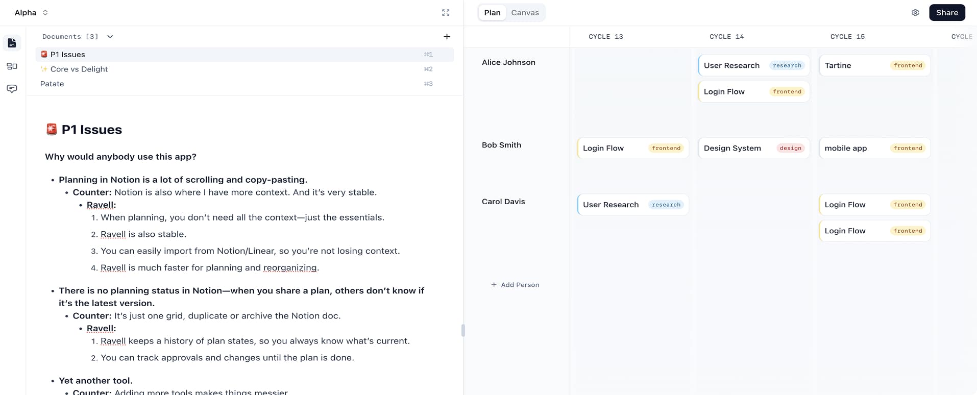 Ravell planning workspace interface showing drag-and-drop project planning, task organization, and Linear integration for product teams
