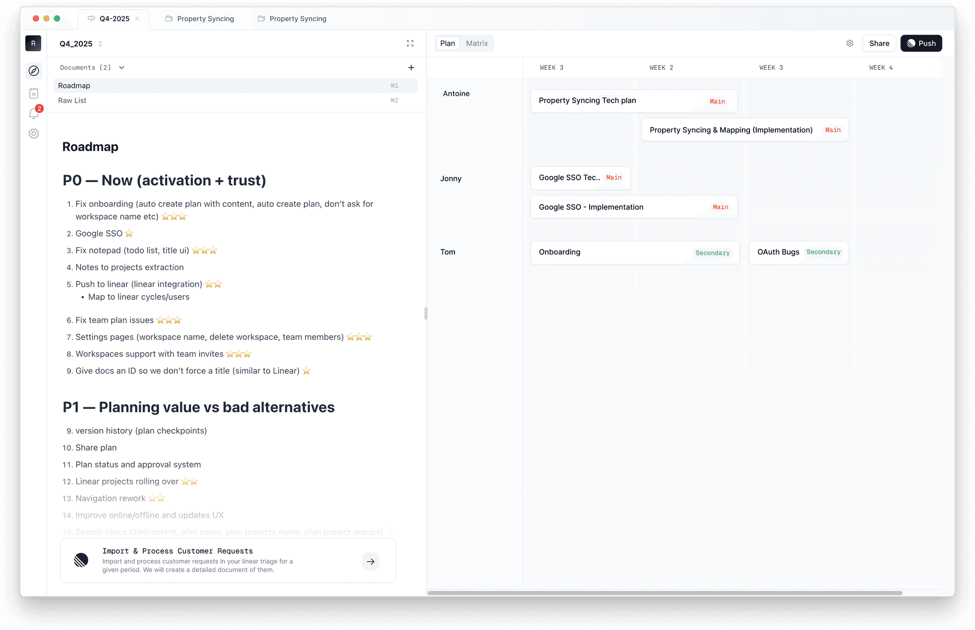 Features and project management interface