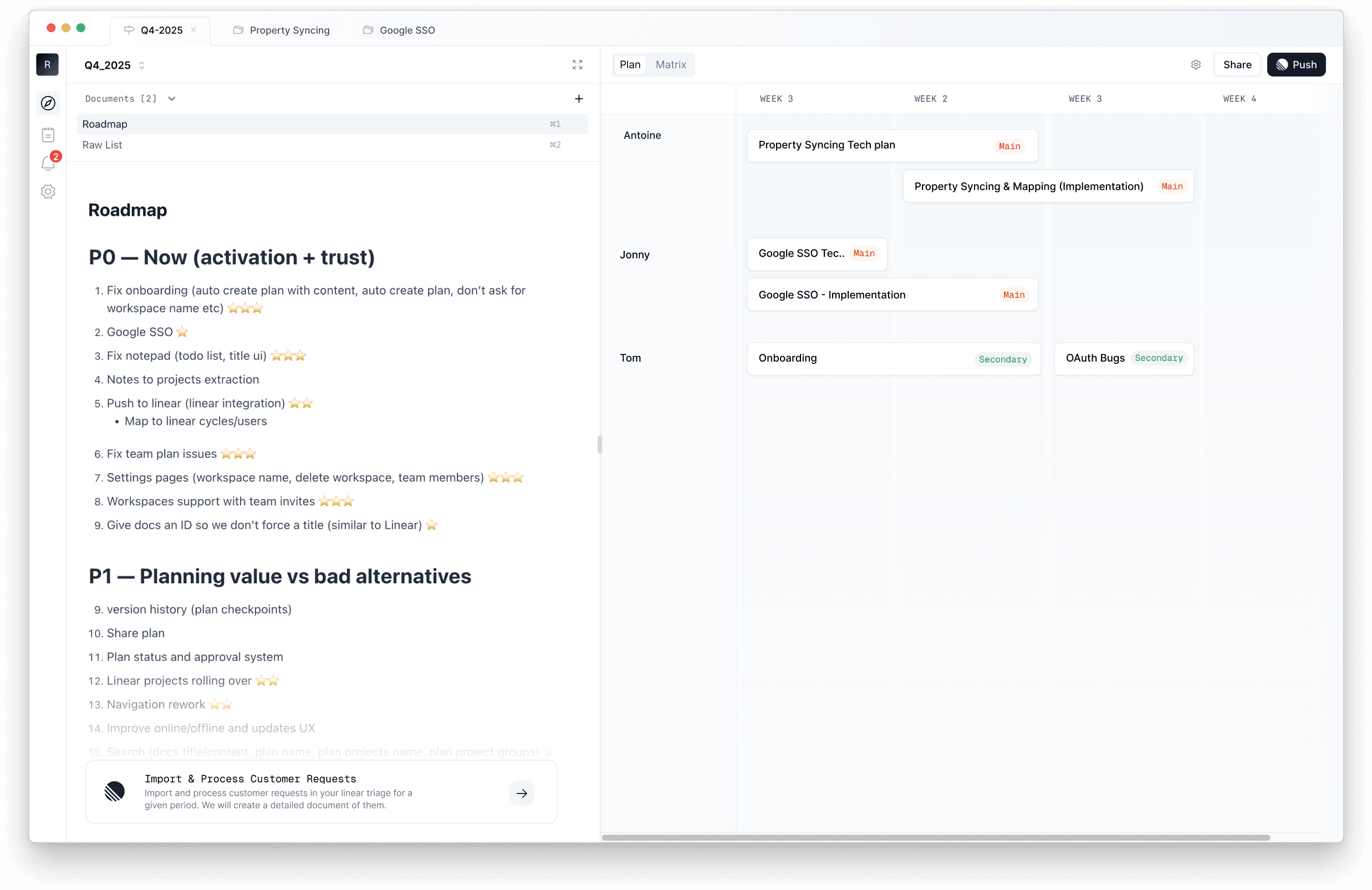 Ravell planning workspace interface showing drag-and-drop project planning, task organization, and Linear integration for product teams